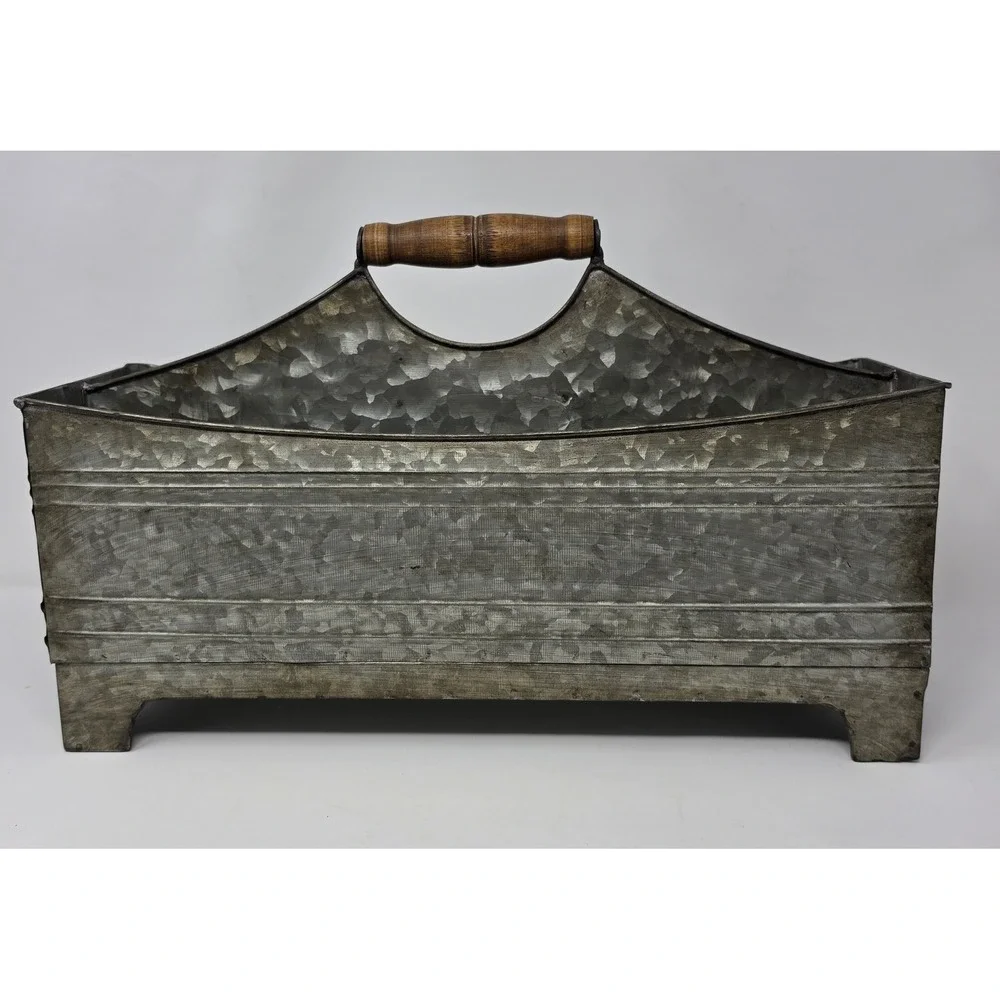 Galvanized Metal Caddy Organizer Wood Handle Farmhouse Divided Tool Box Tray